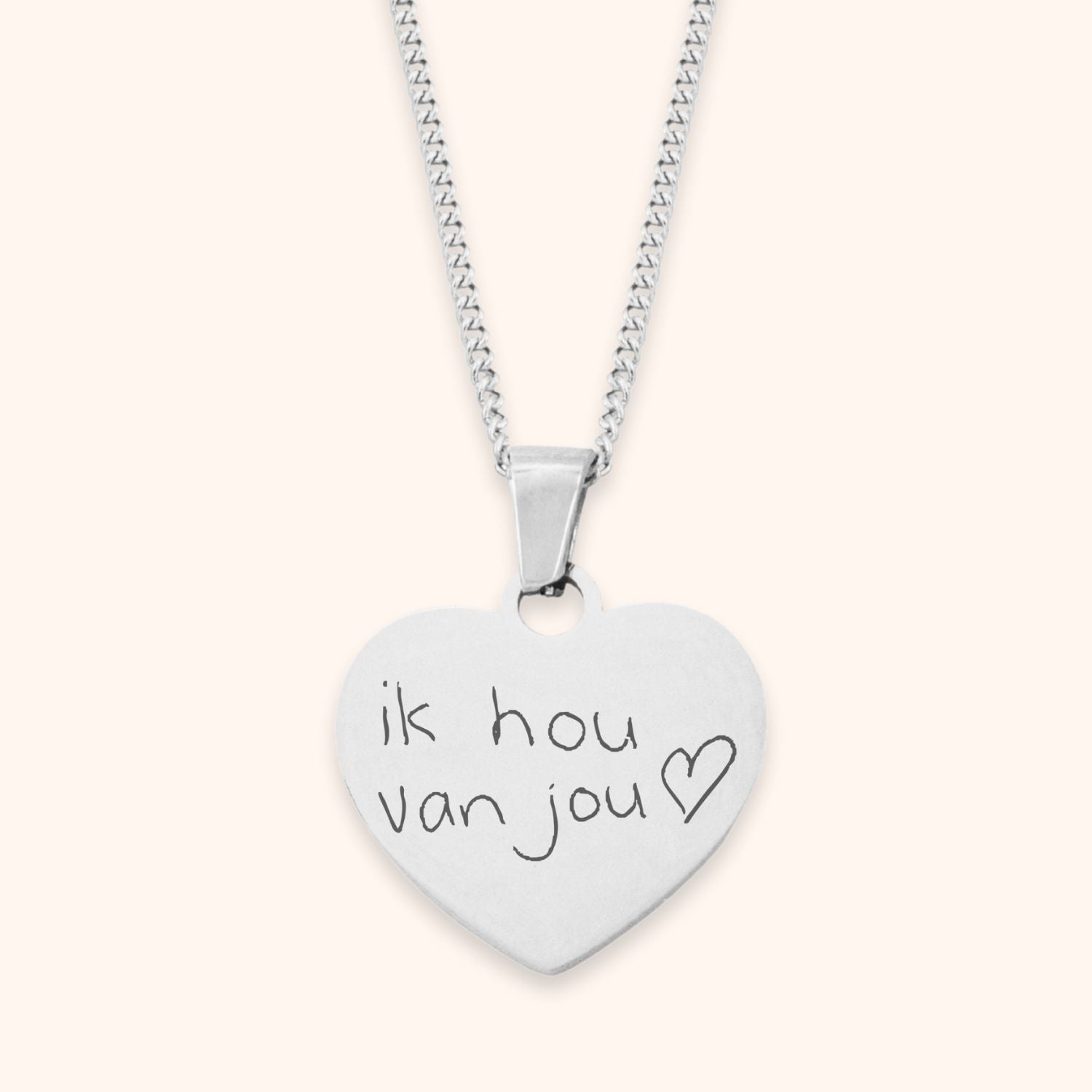 Ketting hart hanger gegraveerd met eigen handschrift, zilver stainless steel