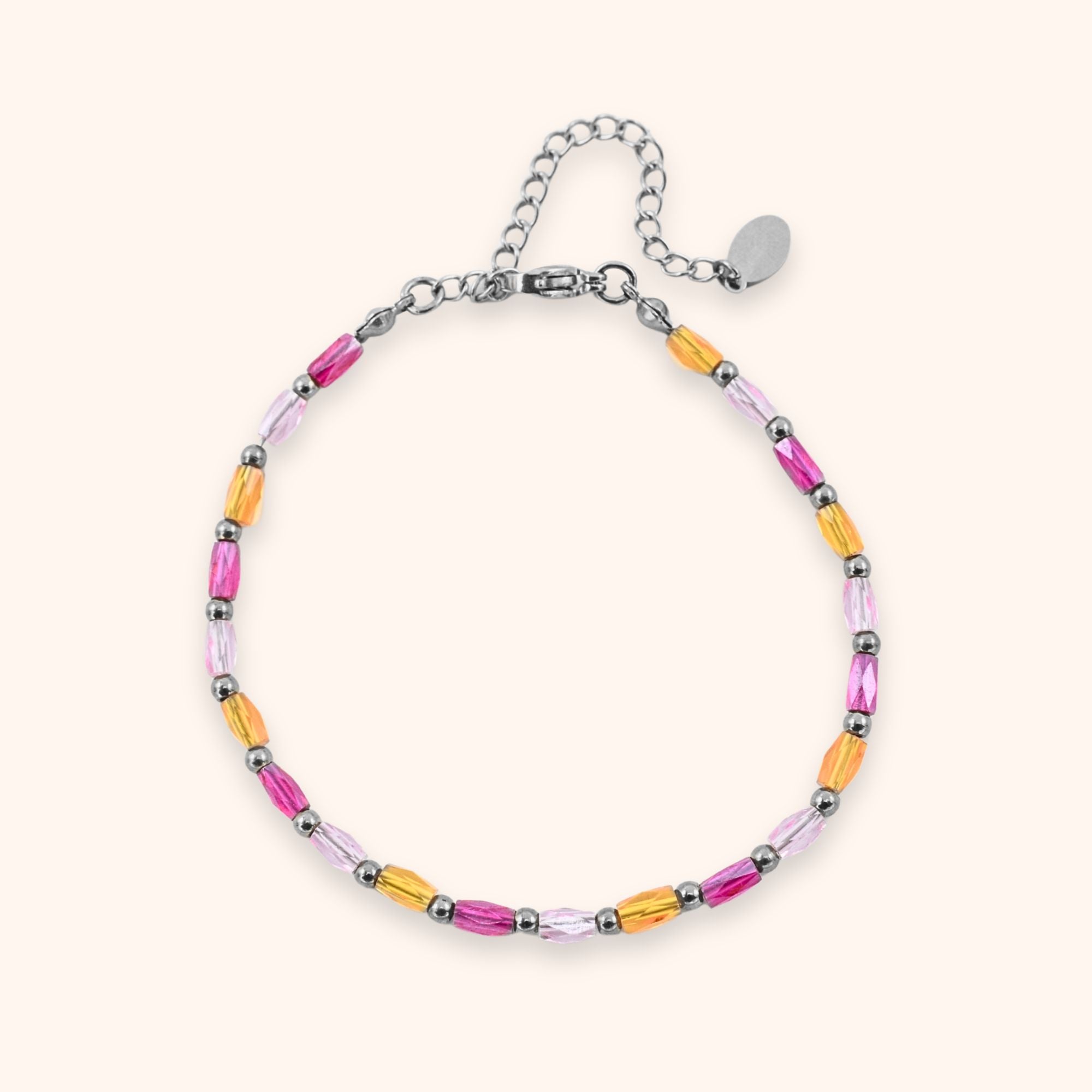 Kleurrijke kralen armband roze oranje kleur zilver stainless steel 