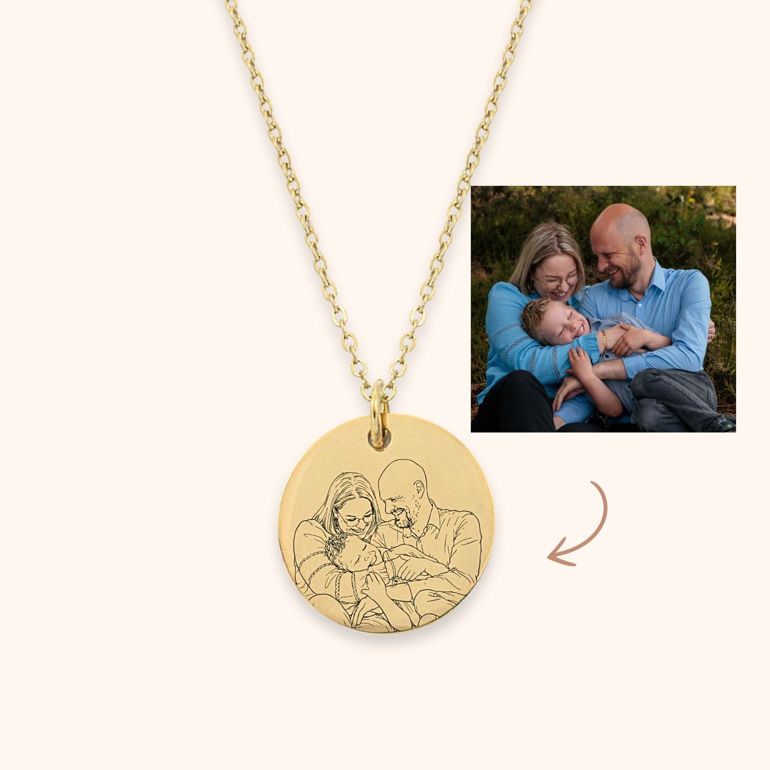 Lijntekening van foto laten graveren op ketting rvs kleur goud 