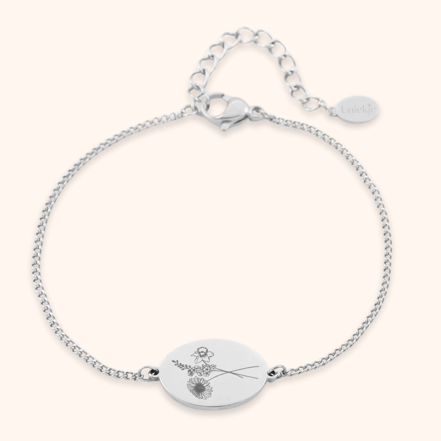 Ovale armband gegraveerd met maximaal 4 geboortebloemen zilver stainless steel