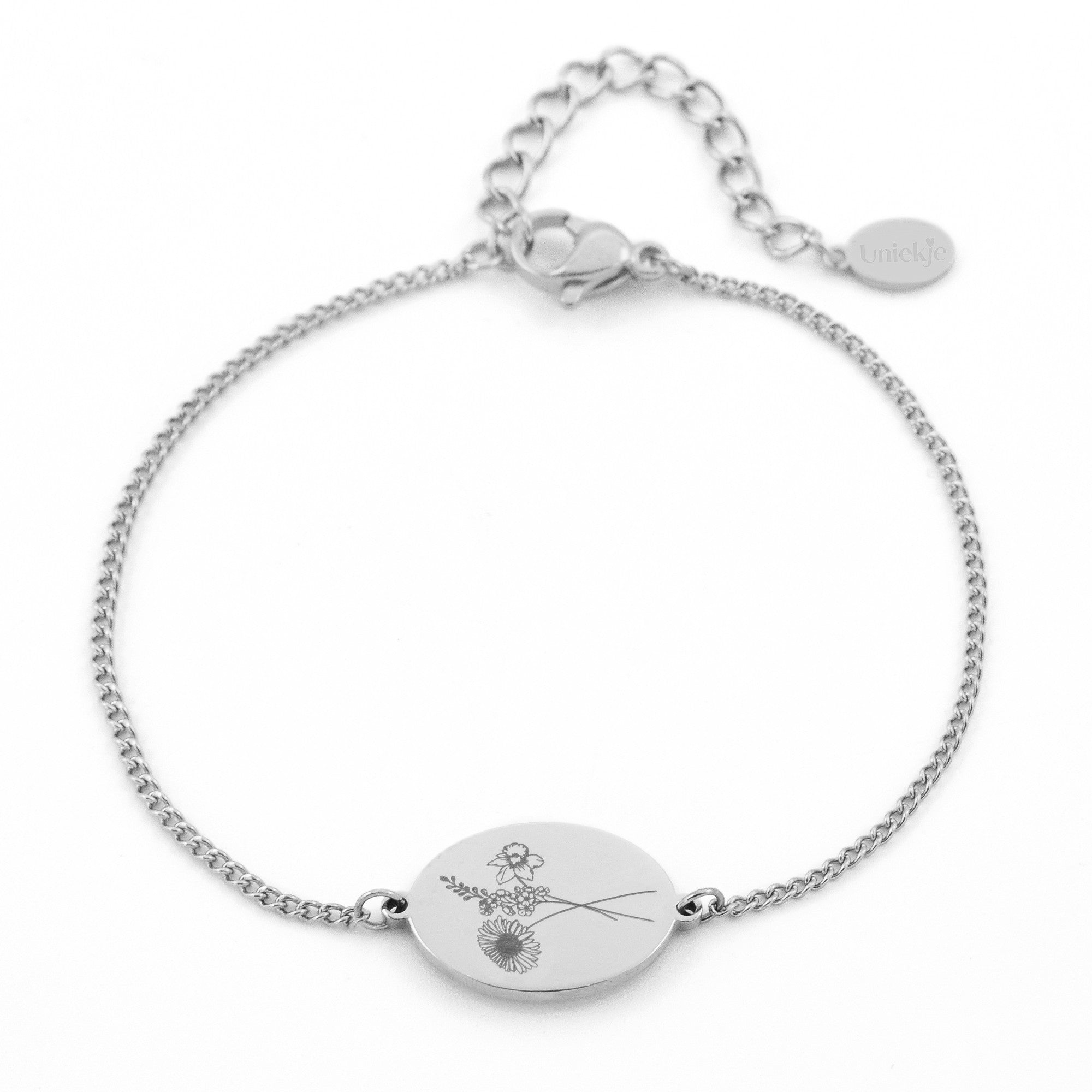 Ovale armband gegraveerd met maximaal 4 geboortebloemen zilver stainless steel