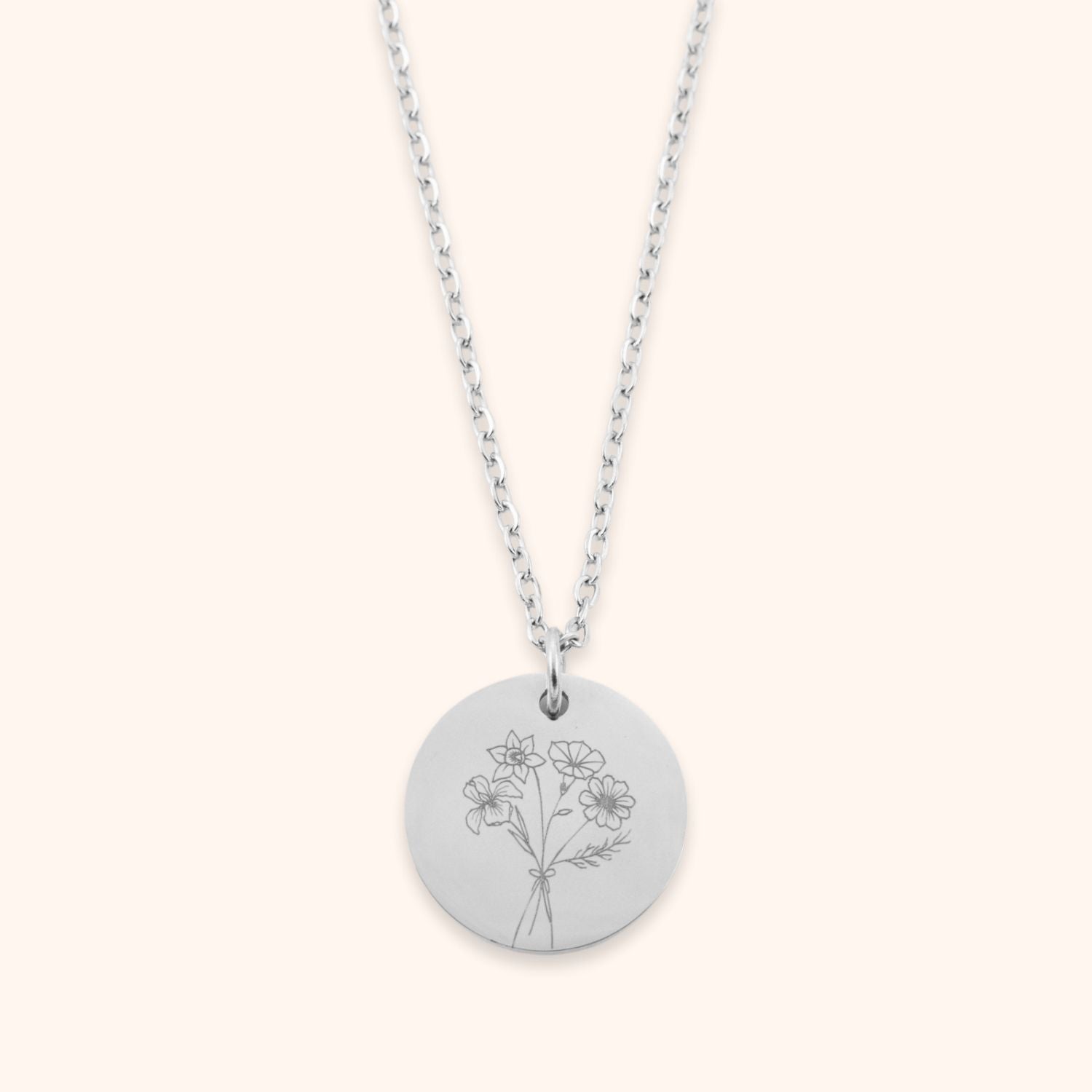 Samengestelde geboortebloem boeket ketting 4 bloemen munt stainless steel zilver