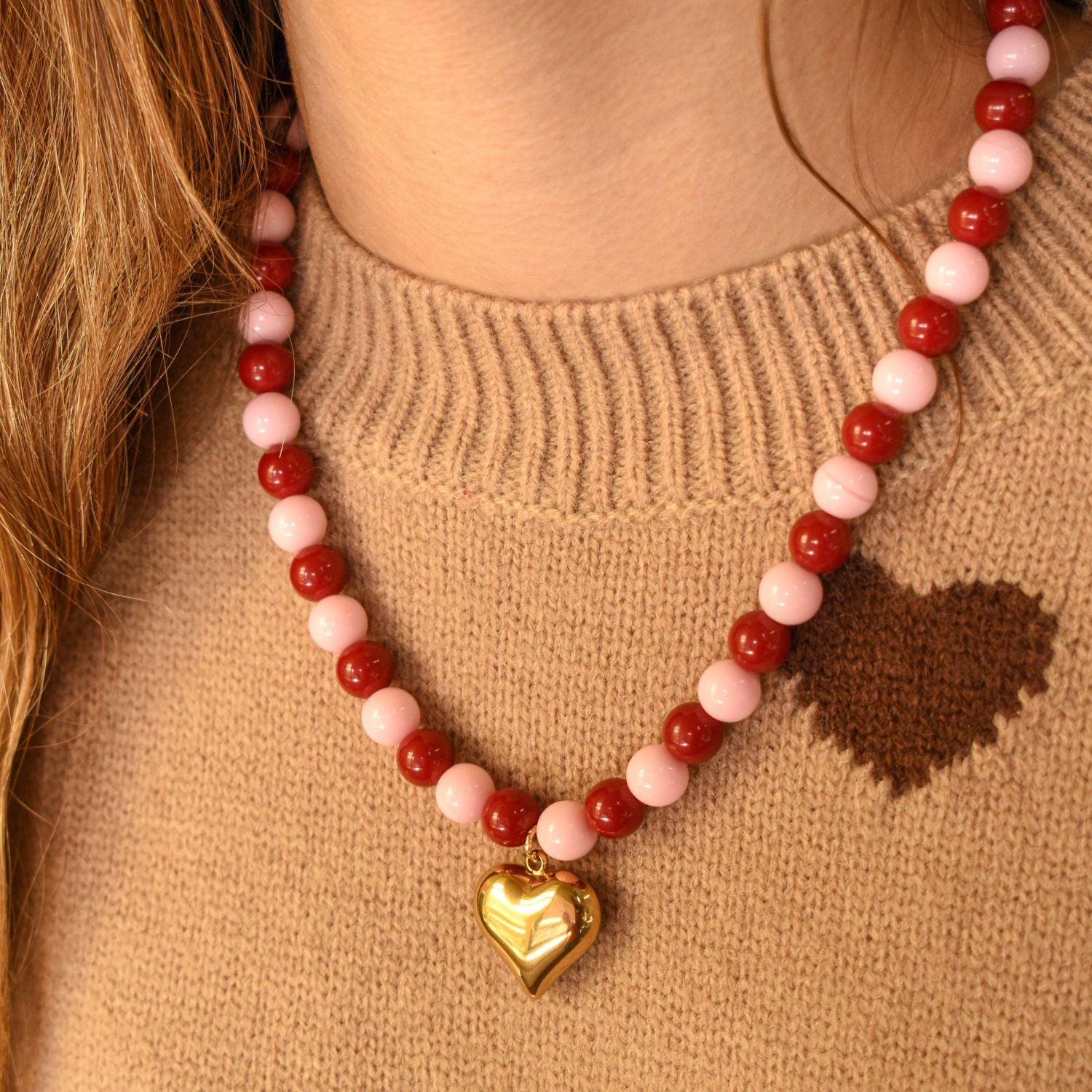 Kralen ketting hart rood & roze