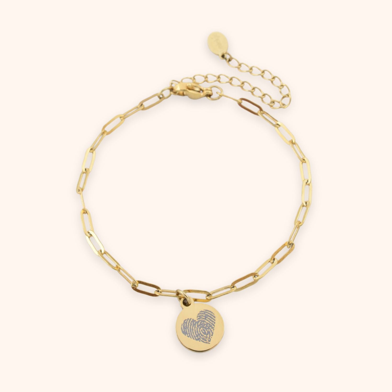 Gegraveerde ronde bedel armband voor dames met vingerafdruk in hart vorm, goud stainless steel