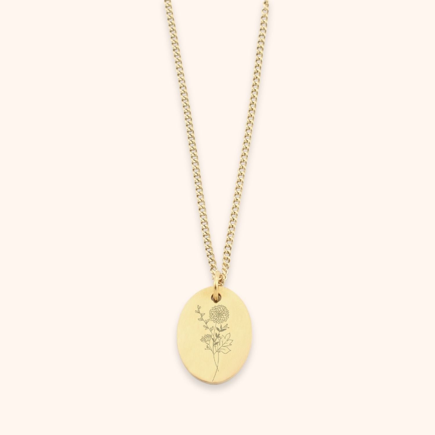 Ovale dames ketting gegraveerd met een geboortebloem november chrysant goud