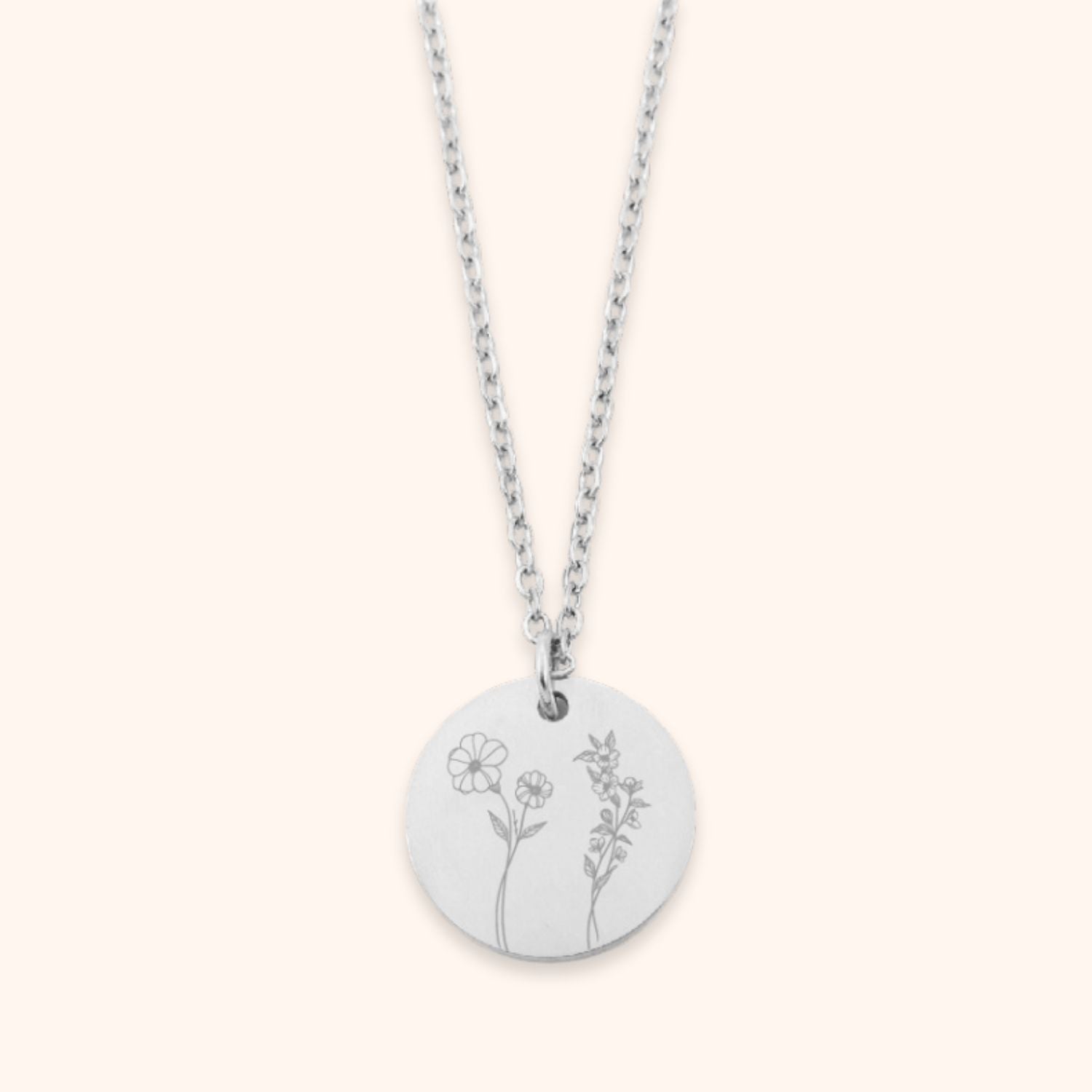 Ketting met 2 geboortebloemen gegraveerd op ronde hanger zilver stainless steel