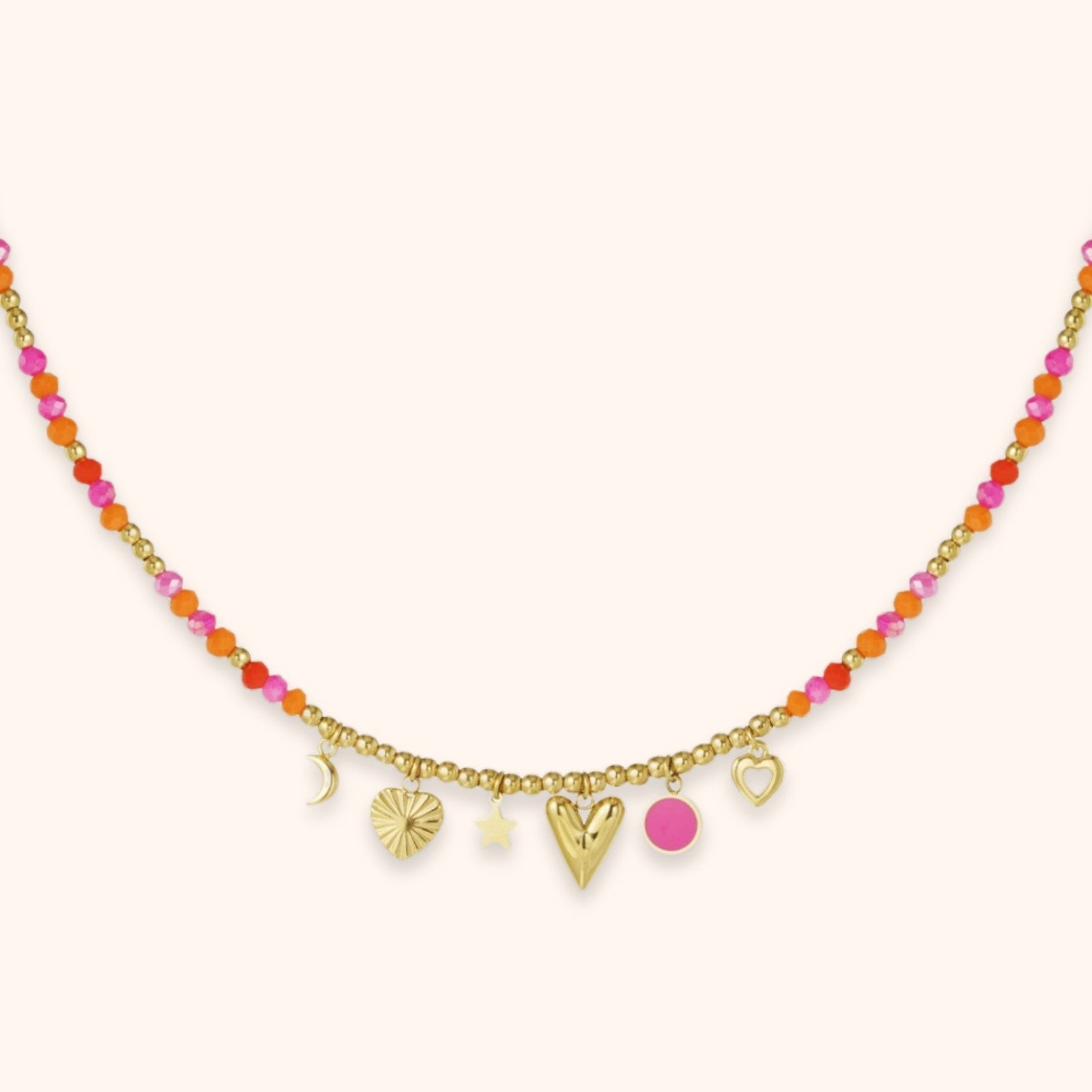 kralen ketting bedels met roze en oranje kraaltjes goud stainless steel